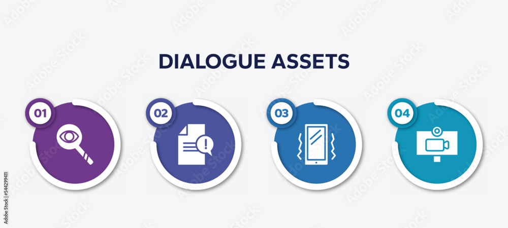 infographic element template with dialogue assets filled icons such as observation, complaint, vibration, video chat vector. infographic element template with dialogue assets filled icons such as observation, complaint, vibration, video chat vector.