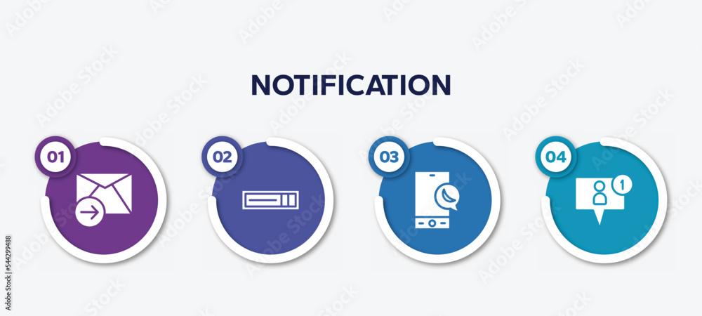 infographic element template with notification filled icons such as send mail, hdmi, night mode, friend request vector.