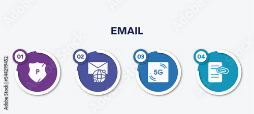infographic element template with email filled icons such as police shield, international mail, 5g, attached file vector.