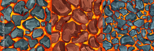 Lava, magma with stones in cartoon style seamless pattern background. Eruption effect, landscape. Texture, design