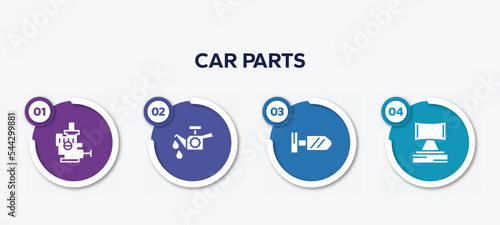 infographic element template with car parts filled icons such as car choke, car oil pump, wing mirror, headrest vector.