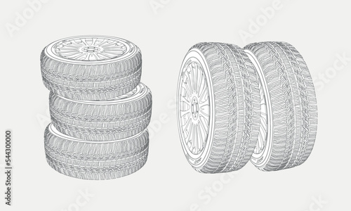 Car set wheels sketch icon isolated on background. Hand drawn car wheel. Drawing Tire. The Layers Converge. Wireframe Style. Concept. Line Art. White Background. Thin Line Wheels Sketch Illustration.