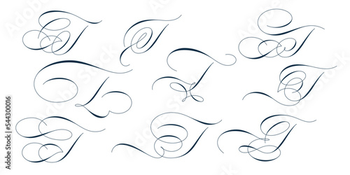 Set of beautiful calligraphic flourishes on capital letter T isolated on white background for decorating text and calligraphy on postcards or greetings cards. Vector illustration.