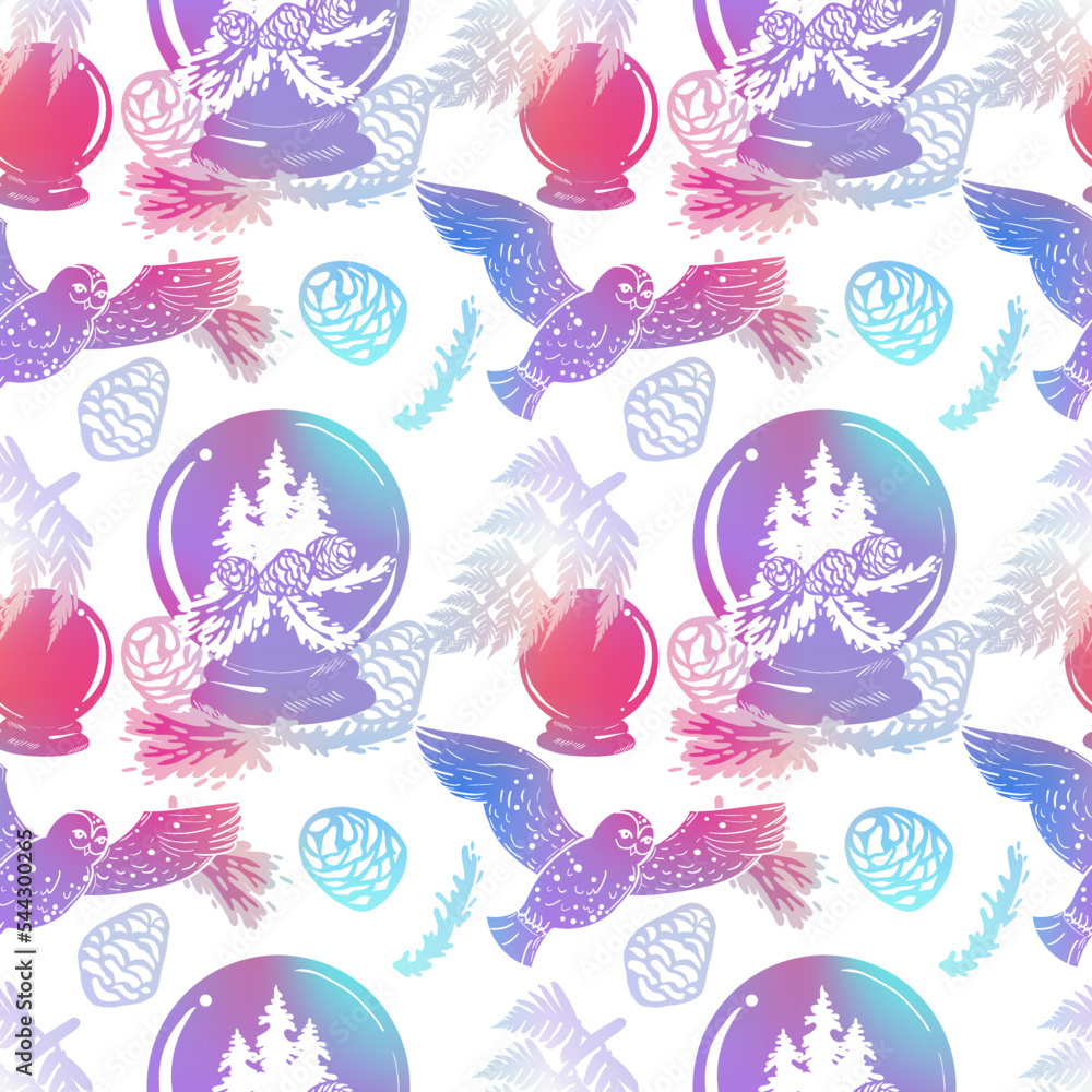Winter seamless pattern with flying owl at forest and a snow globe. Festive christmas background.