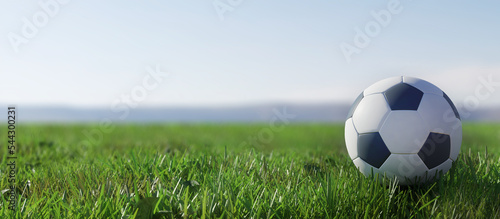 Ball on the football field. Soccer ball green grass.