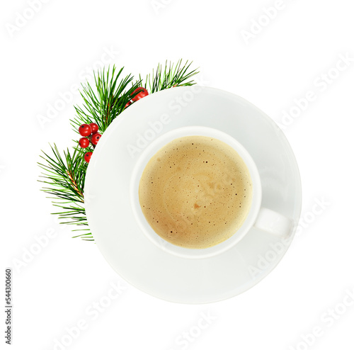 Cup of coffee and soucer with Christmas decorations isolated on white or transparent background photo