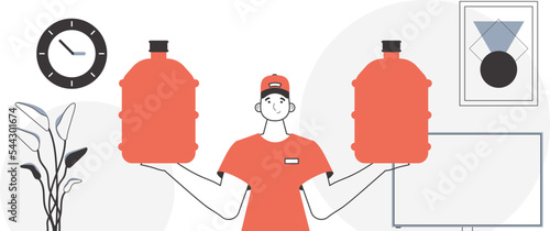 A man holds a bottle of water in his hands. Water delivery concept. Linear trendy style.