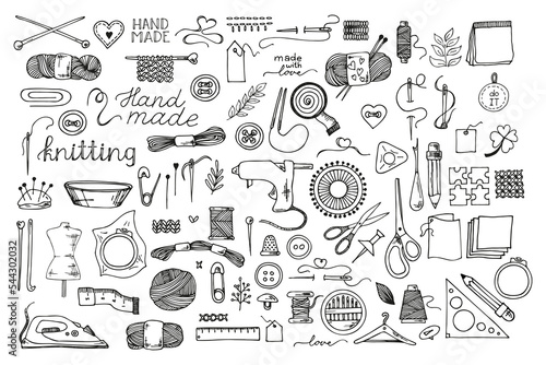 Knitting and crochet, a set of contour drawings, hand-drawn design elements. Vector sketch icon illustration