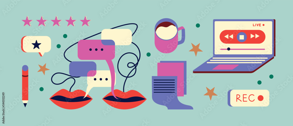 Set of podcast recording and listening icons in retro style. A computer with a record player, lips with a speech bubble and a cup of coffee. Cover icon set. Equipment for streams. Vector flat design