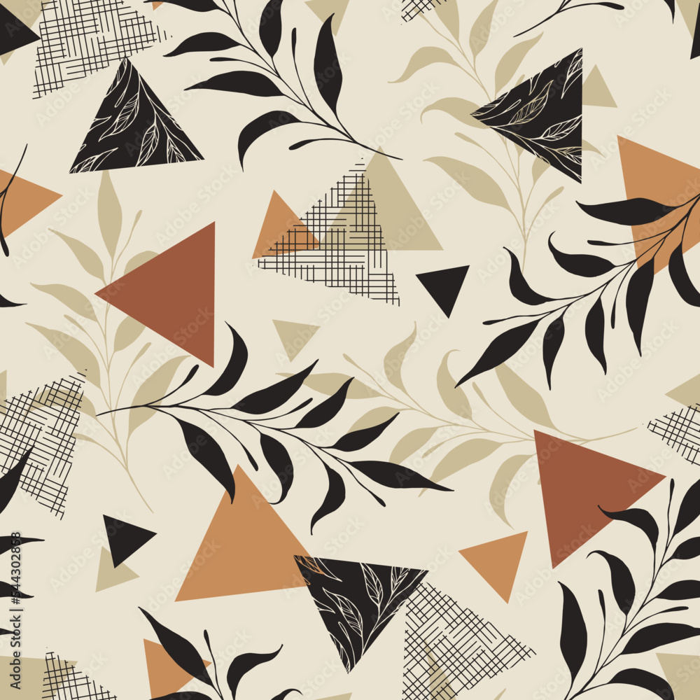 Vector triangle pattern with leaves. Scandinavian style. Linear boho sketch. Black and brown colors