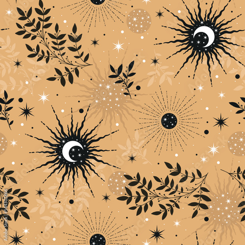 Vector seamless pattern with  moon, plants and stars. Mystical esoteric background for design of fabric, packaging, astrology, phone case, wrapping paper.