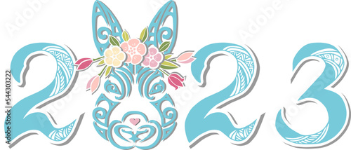 2023 and rabbit head with flower wreath. Symbol of Chinese 2023 New Year.