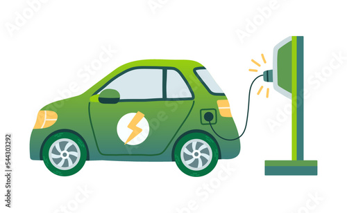 Modern electric smart suv car charging parking at the charger station with a plug in cable. Isolated flat vector concept