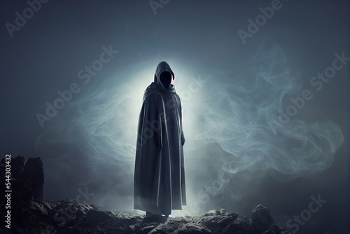 Scary figure in hooded cloak in the dark. 3d rendering.