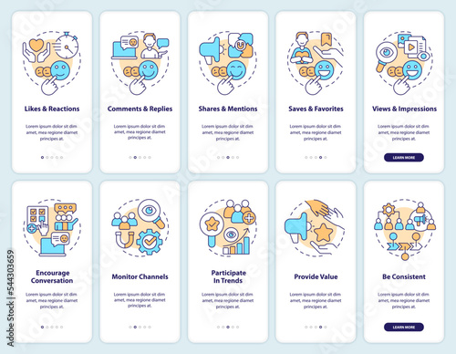 Social media engagement onboarding mobile app screen set. Interaction walkthrough 5 steps editable graphic instructions with linear concepts. UI, UX, GUI template. Myriad Pro-Bold, Regular fonts used
