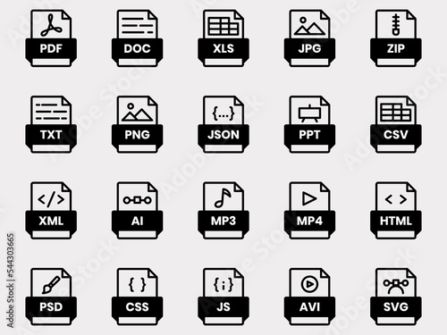 Document file format folder pdf doc xls jpg zip txt png json ppt csv xml ai mp3 mp4 html psd css js avi svg photo