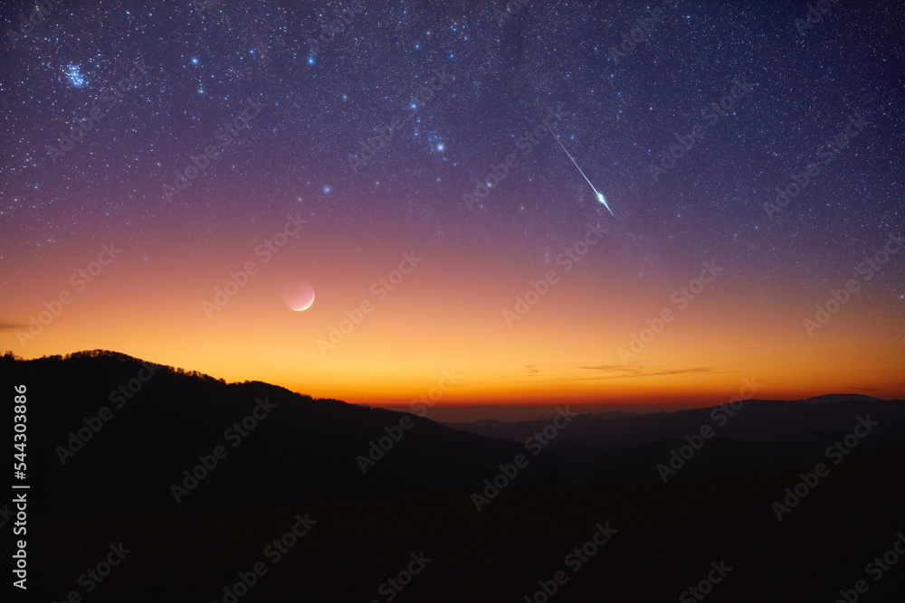 Countryside silhouettes with Moon, stars, planets and shooting stars.