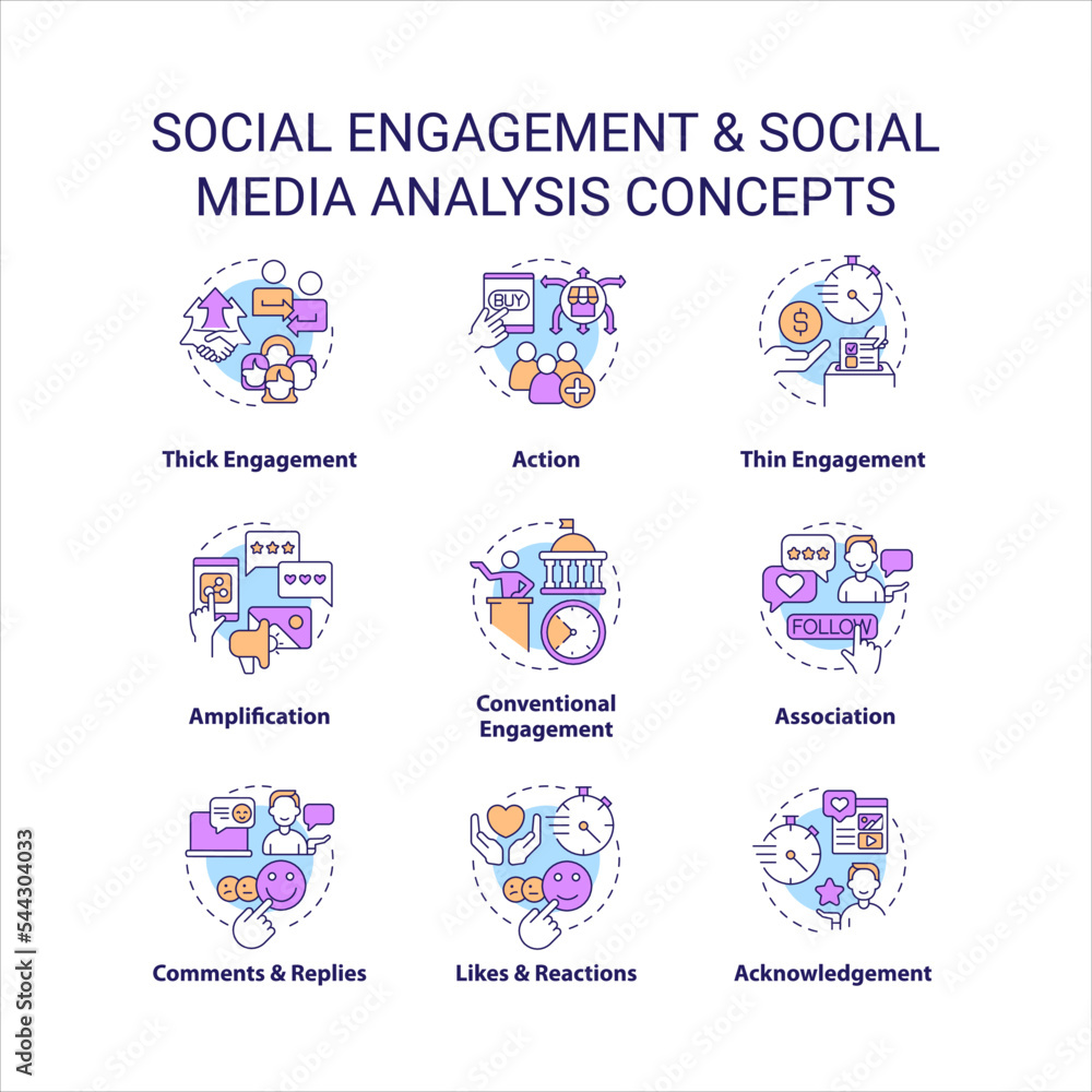 Social engagement concept icons set. Social media analysis. Marketing research idea thin line color illustrations. Isolated symbols. Editable stroke. Roboto-Medium, Myriad Pro-Bold fonts used