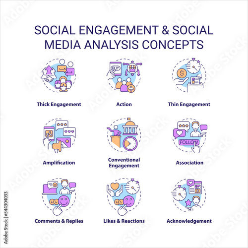Social engagement concept icons set. Social media analysis. Marketing research idea thin line color illustrations. Isolated symbols. Editable stroke. Roboto-Medium, Myriad Pro-Bold fonts used