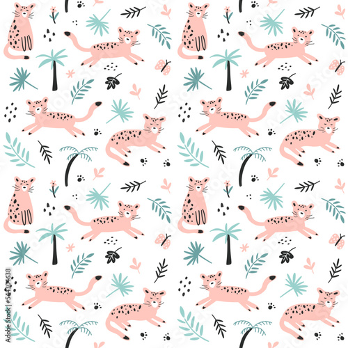 Childish seamless pattern with cute pink leopards and tropical leaves on a white background. Cats in different poses. Ideal for fabric, textile, wallpaper, prints, scrapbooking, party decoration
