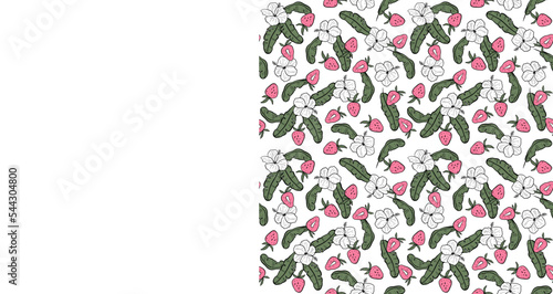 Seamless pattern with pink strawberries, white hibiscus and banana leaves on a white background. Ideal for fabric, textile, wallpaper, prints, scrapbooking, wrapping paper, invitation
