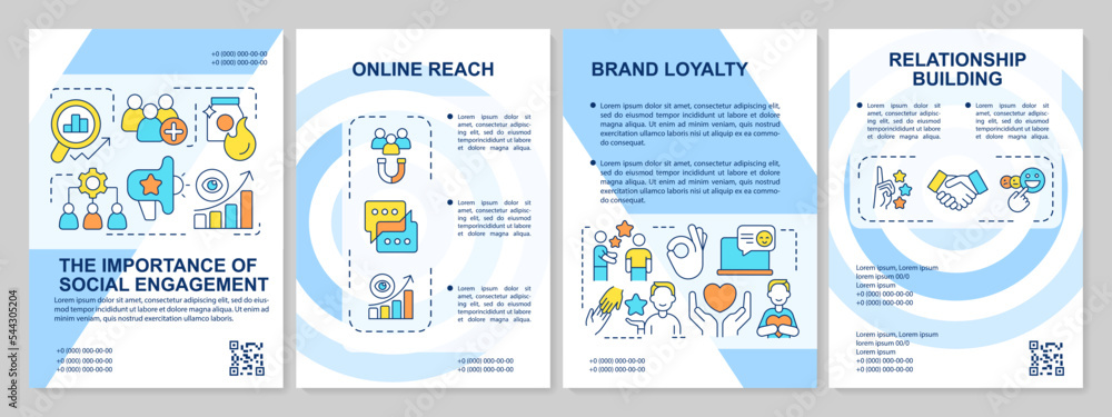 Importance of social engagement blue brochure template. Interaction. Leaflet design with linear icons. Editable 4 vector layouts for presentation, annual reports. Arial, Myriad Pro-Regular fonts used