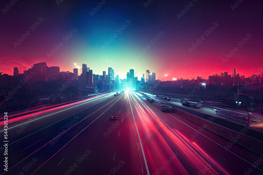 futuristic night traffic in the city, vehicle lights, long exposure, cyberpunk colors