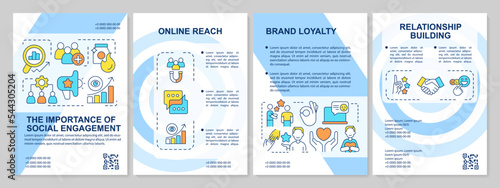 Importance of social engagement blue brochure template. Interaction. Leaflet design with linear icons. Editable 4 vector layouts for presentation, annual reports. Arial, Myriad Pro-Regular fonts used