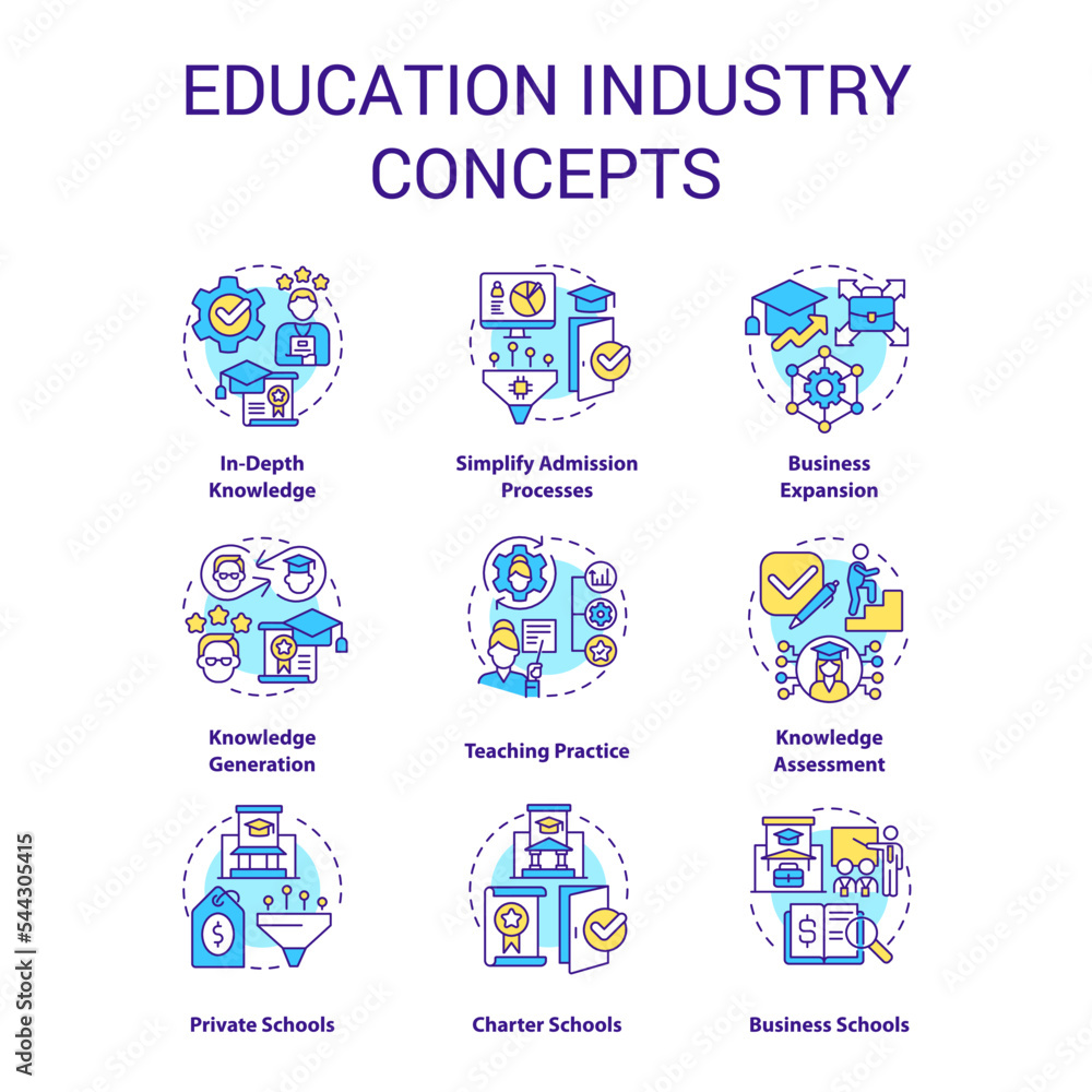 Education industry concept icons set. Access to specific knowledge. Studying idea thin line color illustrations. Isolated symbols. Editable stroke. Roboto-Medium, Myriad Pro-Bold fonts used