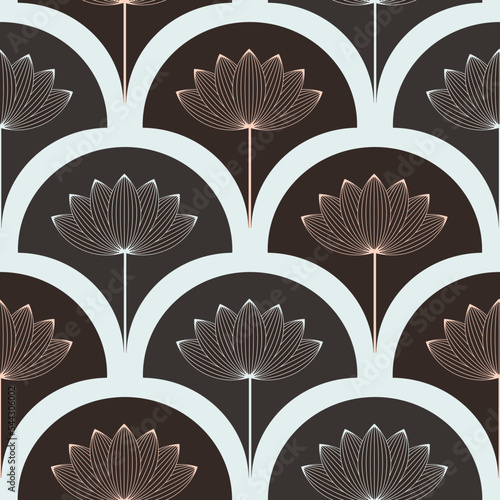 asian style lotus flower seamless pattern in brown blue copper shades
