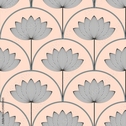 asian style lotus flower seamless pattern in blue silver ivory