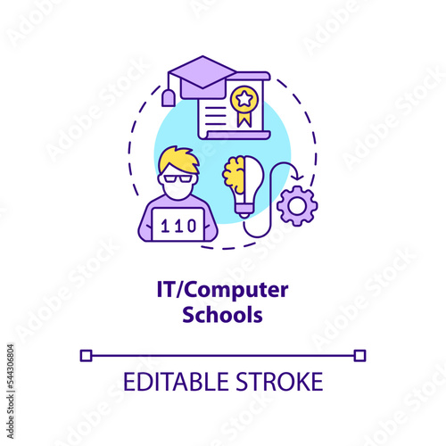IT and computer schools concept icon. Supplementary education service provider abstract idea thin line illustration. Isolated outline drawing. Editable stroke. Arial, Myriad Pro-Bold fonts used