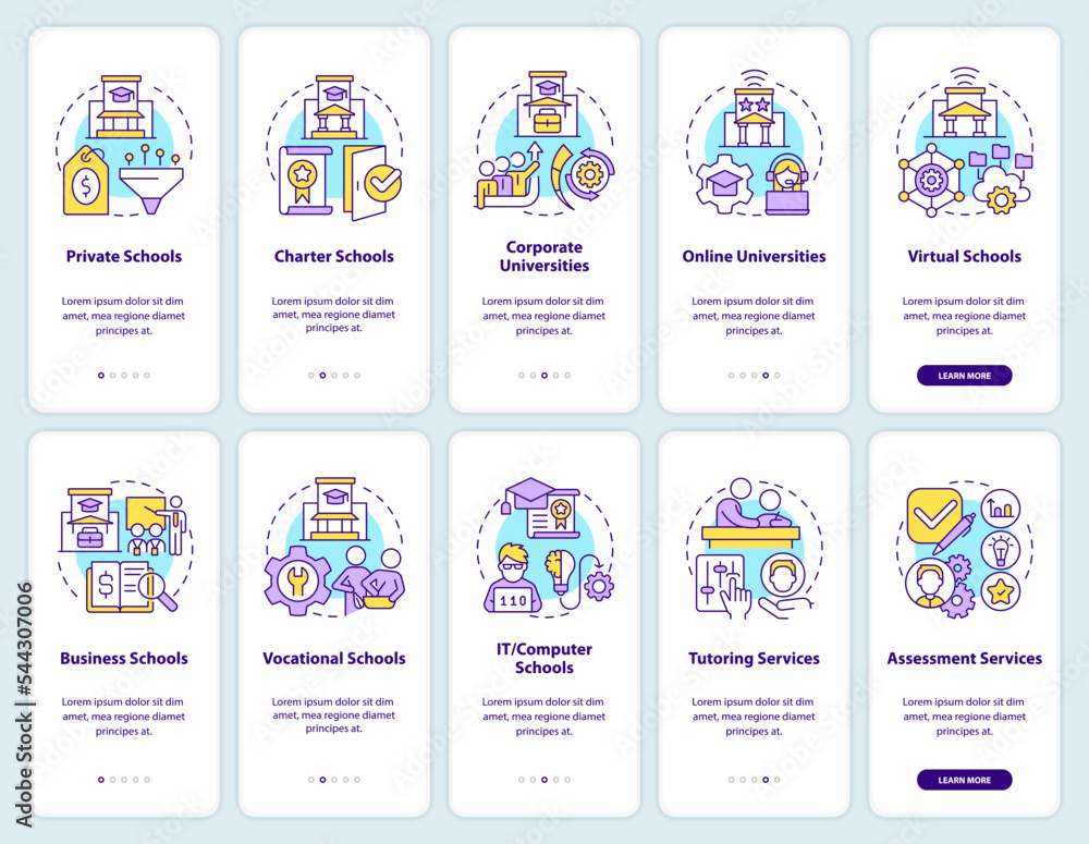 Education service providers onboarding mobile app screen set. Walkthrough 5 steps editable graphic instructions with linear concepts. UI, UX, GUI template. Myriad Pro-Bold, Regular fonts used