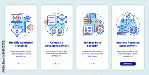 Industry specific ERP benefits onboarding mobile app screen. Education walkthrough 4 steps editable graphic instructions with linear concepts. UI, UX, GUI template. Myriad Pro-Bold, Regular fonts used