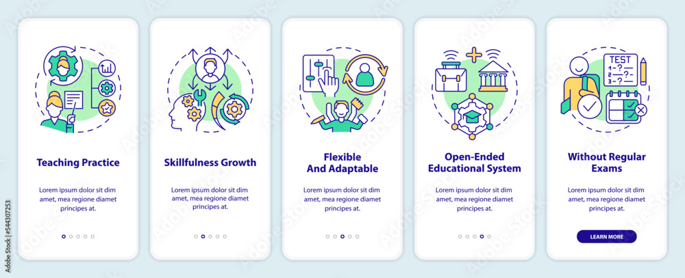 Advantages of non formal education onboarding mobile app screen. Walkthrough 5 steps editable graphic instructions with linear concepts. UI, UX, GUI template. Myriad Pro-Bold, Regular fonts used