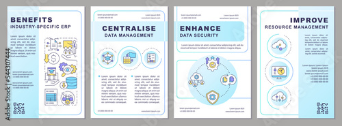 Benefits of industry specific ERP blue gradient brochure template. Leaflet design with linear icons. 4 vector layouts for presentation, annual reports. Arial-Bold, Myriad Pro-Regular fonts used