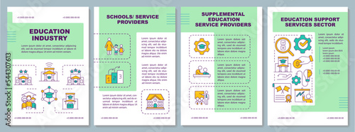 Education industry definition green brochure template. Learning. Leaflet design with linear icons. Editable 4 vector layouts for presentation, annual reports. Arial, Myriad Pro fonts used