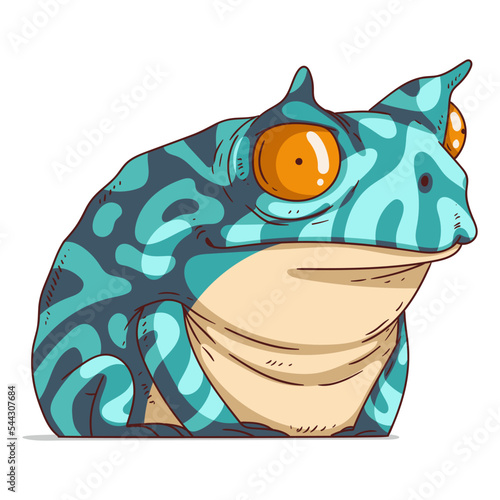 Confused Exotic Frog, isolated vector illustration. Funny cartoon picture of a tropic toad staring at something with shock. An animal sticker. Simple drawing of a horned frog on white background.