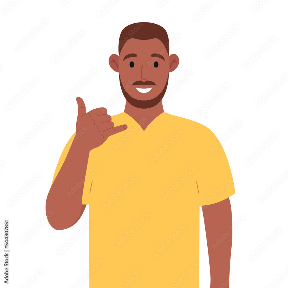 Call me! African american man in glasses showing phone or call me gesture with hand fingers shaped like telephone. Vector illustration. Call me! African american man in glasses showing phone or call me gesture with hand fingers shaped like telephone. Vector illustration.