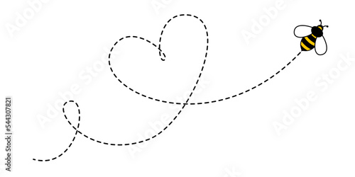Bee on dotted route flying in heart line. Bumblebee on dotted rout path to destination flight in heart shape, bee funny character in happy buzz
