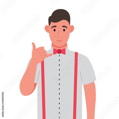 Call me! Young man showing phone or call me gesture with hand fingers shaped like telephone. Vector illustration.