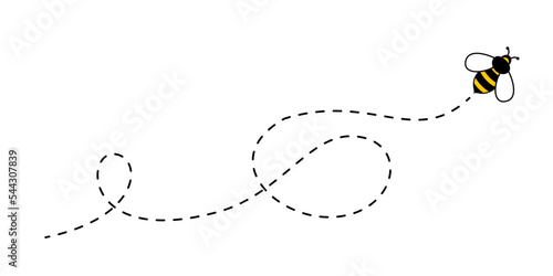 Bee fly on dotted route or line path, bumblebee flying on dotted way, vector happy journey to honey beehive. Bee on dotted route for travel or love message with buzz on background