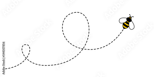Bee on dotted route, bumblebee fly on dotted line path, vector background. Happy bee on dotted route journey for travel, fashion or honey product design
