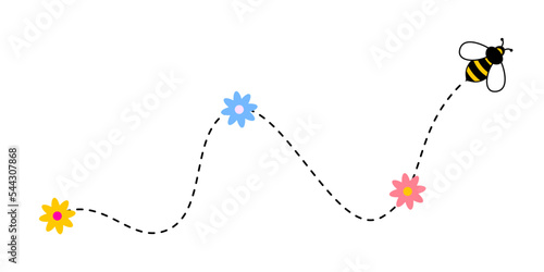 Bee on dotted route flowers, bumblebee fly on dotted line path, vector pattern background. Happy bee on dotted route to honey hive with flower pins on dot line way