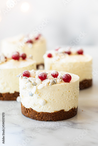 Small mini cheesecakes with festive decorations