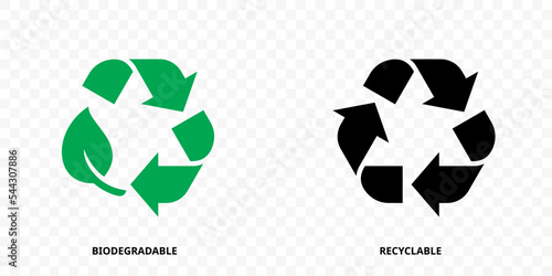 Biodegradable recyclable icons, leaf and arrow vector eco and bio label. Organic recyclable, plastic free and eco friendly degradable package stamp photo