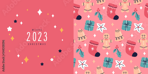Winter Christmas New Year seamless pattern background for cards, postcards with gift bell lights