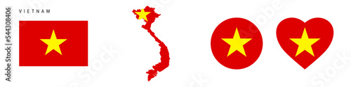 Vietnam flag icon set. Vietnamese pennant in official colors and proportions. Rectangular, map-shaped, circle and heart-shaped. Flat vector illustration isolated on white.