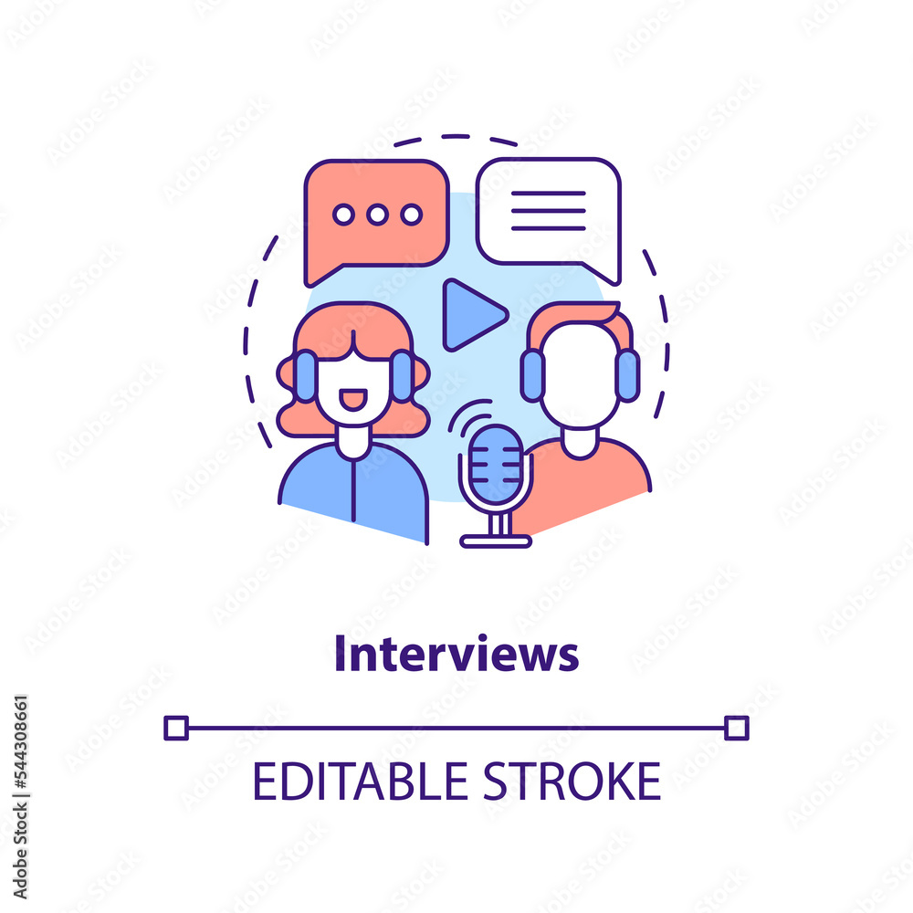 Interviews concept icon. Live streaming. Online streamer. Popular podcast type abstract idea thin line illustration. Isolated outline drawing. Editable stroke. Arial, Myriad Pro-Bold fonts used