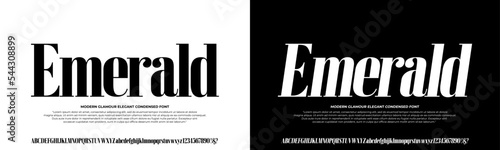 Modern Elegant Glamour Font Uppercase Lowercase Number and Symbol. Lettering Fashion Designs. Typography condensed serif fonts for design vector illustration